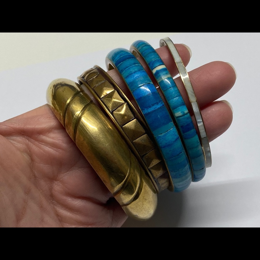 Brass Turquoise Shell Inlay Bangle Bracelets